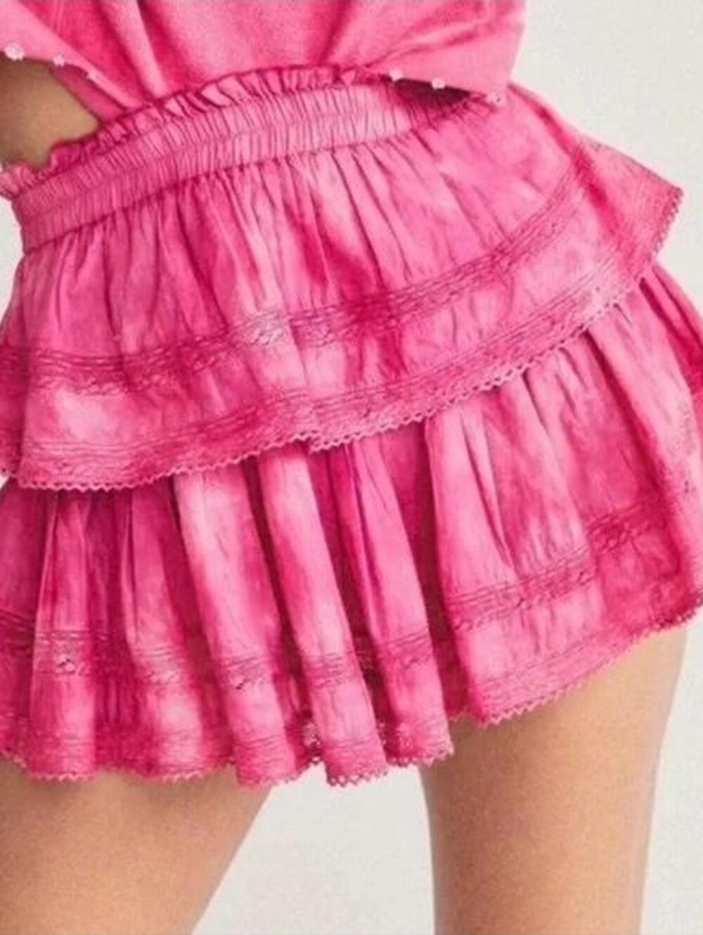 LoveShackFancy Begonia Pink Hand Dyed Ruffle Lace Hem Mini Skirt-Large-$225.00 - Picture 2 of 16